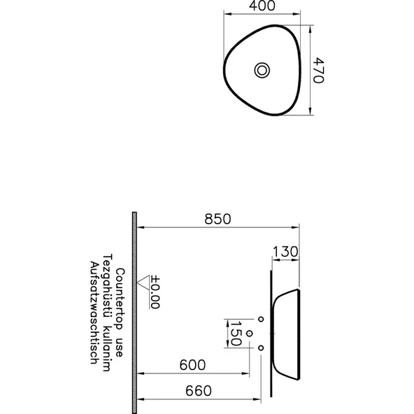 VitrA Plural 7812B420-0016 Üçgen Alçak Çanak Lavabo, VitrA Clean, 47 cm, Mat Bej - 4
