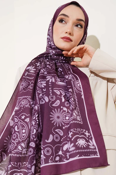 Retro Desen Kenar Şeritli Şal Mürdüm - Resim 2