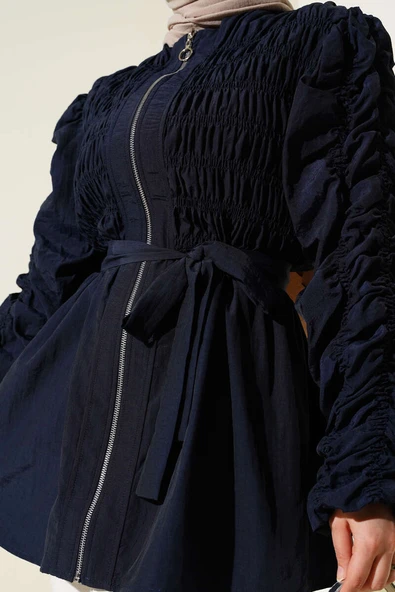 Büzgülü Fermuarlı Kuşaklı Ceket Lacivert - Resim 4