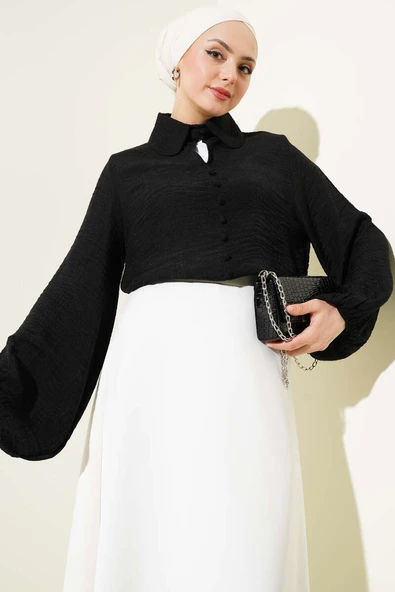 Bebe Yaka Düğme Detaylı Gofre Bluz Siyah ürün görseli