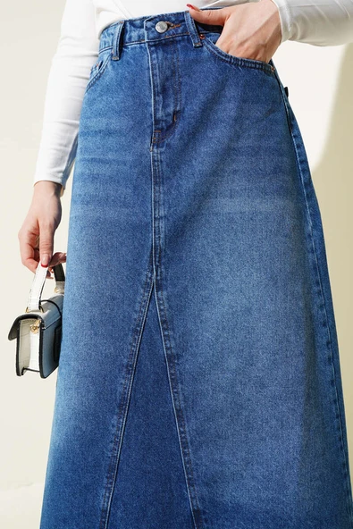 Parçalı Kot Etek Mavi - Resim 4