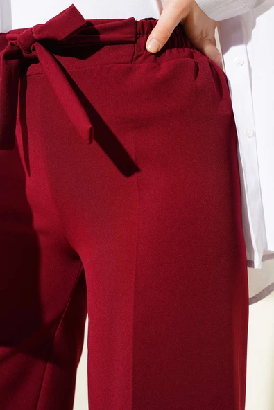 Kendinden Kuşaklı Dabıl Pantolon Bordo - Resim 4
