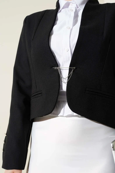 Zincirli Çengel İğneli Kısa Ceket Siyah - Resim 4