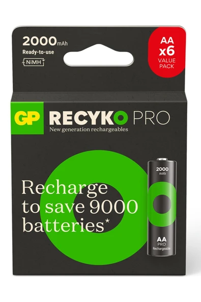 GP Batteries ReCyko Pro 2000 mAh AA Kalem Ni-Mh Şarjlı Pil, 1.2 Volt, 6'lı Kart ürün görseli