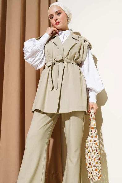 Omuz Apoletli Kuşaklı Yelekli İkili Takım Taş - Resim 2