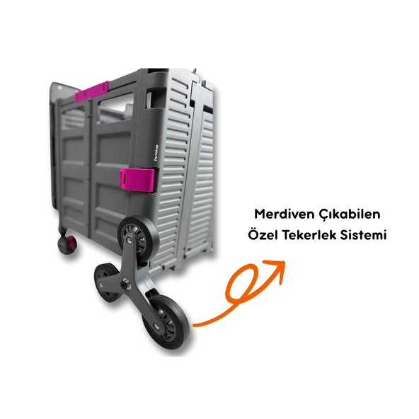 Piknik Masalı, 8 Tekerlekli, 55 Litre Gri Katlanır Alışveriş Arabası - Merdiven Çıkan - 3