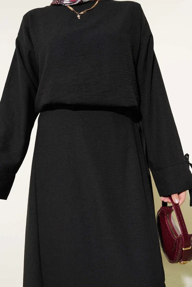 İp Bağlamalı Etekli Keten İkili Takım Siyah - Resim 4