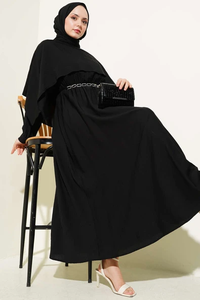 Omuz Pelerinli Bel Lastikli Elbise Siyah