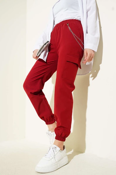 Paça Lastikli Zincirli Kargo Pantolon Bordo ürün görseli 1