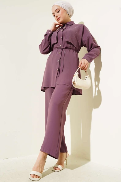 Pelerin Taşlı İp Kuşaklı İkili Takım Magenta ürün görseli 1