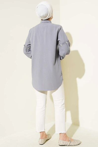 Kol Taşlı Ağaç Kabuğu Gömlek Gri - Resim 3