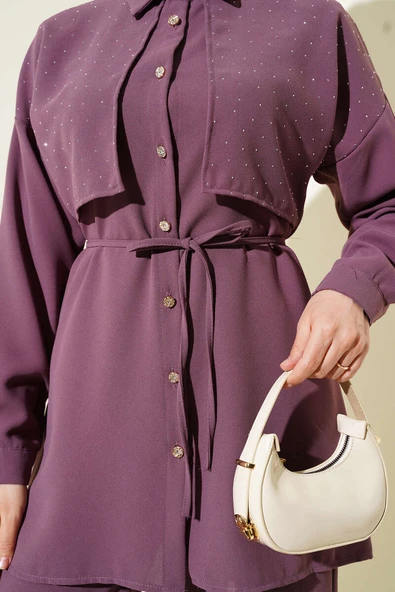 Pelerin Taşlı İp Kuşaklı İkili Takım Magenta - Resim 4