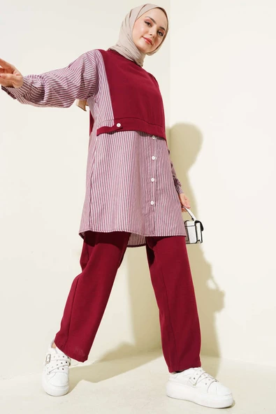 Çizgili Gömlek Garnili Düğmeli İkili Takım Bordo ürün görseli 1