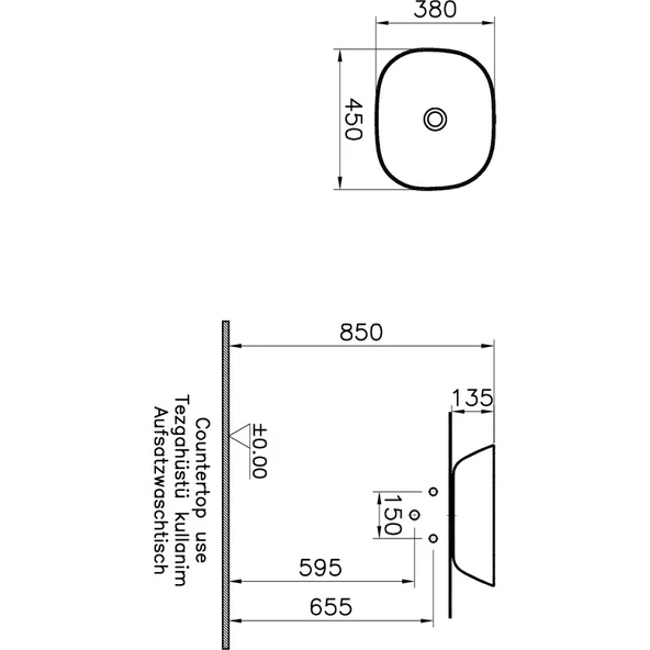 VitrA Plural 7810B483-0016 Kare Alçak Çanak Lavabo, VitrA Clean, 45 cm, Mat Siyah - 3