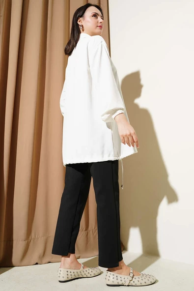 Püskül Taşlı Fermuarlı Kap Ekru - Resim 3