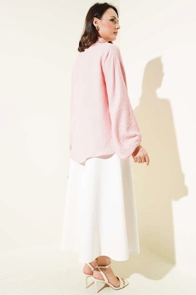 Bebe Yaka Düğme Detaylı Gofre Bluz Pembe - Resim 3