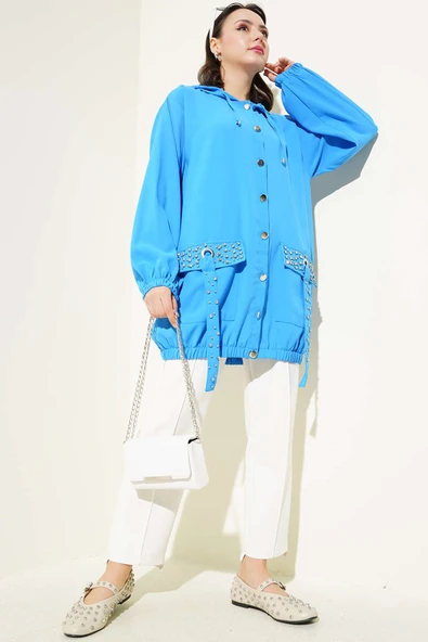 Kapüşonlu Cep Taşlı Kap Mavi - 2