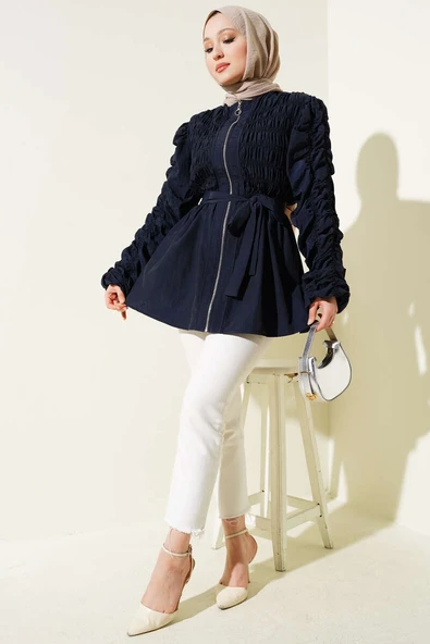 Büzgülü Fermuarlı Kuşaklı Ceket Lacivert - Resim 2