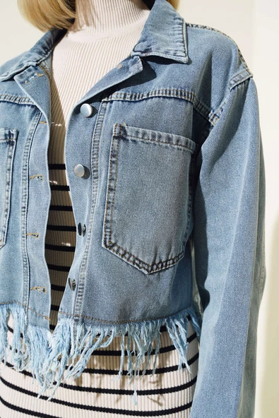 Altı Püsküllü Kısa Kot Ceket Mavi - Resim 4