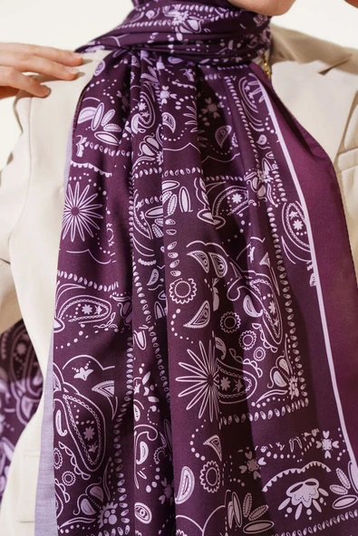 Retro Desen Kenar Şeritli Şal Mürdüm - Resim 4