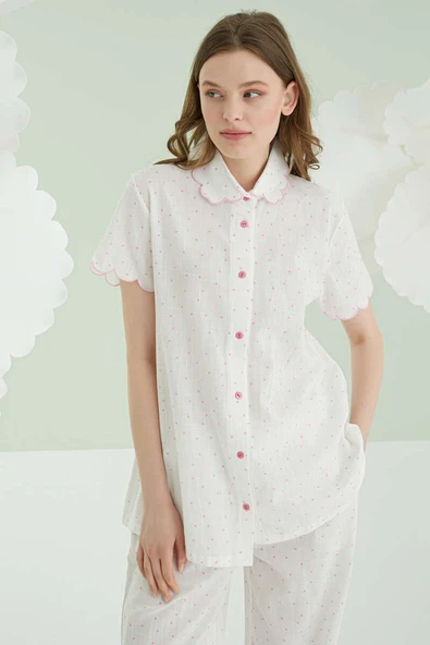 NBB Puantiyeli Keten Pijama Takımı Pembe - Resim 2