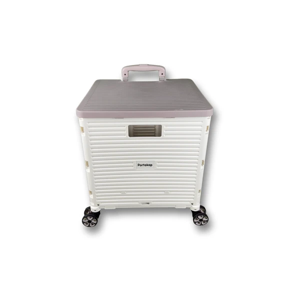 4 Tekerlekli, 55 Litre Beyaz ve Kahverengi Katlanır Alışveriş Arabası - Hareketli Tutacaklı - 3