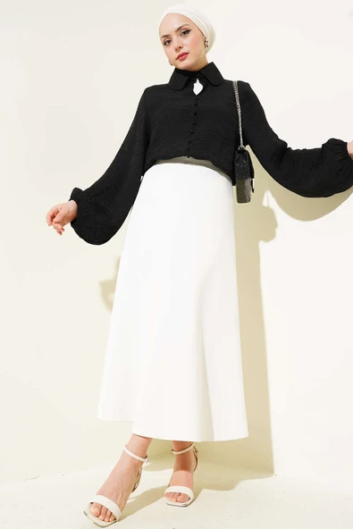 Bebe Yaka Düğme Detaylı Gofre Bluz Siyah - Resim 2