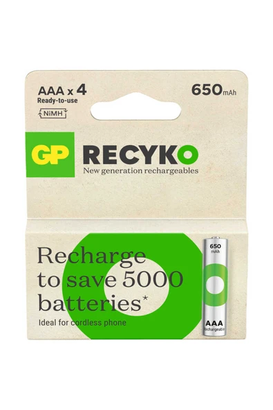 GP Batteries Recyko 650 Aaa Ince Kalem Ni-mh Şarjlı Pil, 1.2 Volt, 4'lü Kart ürün görseli