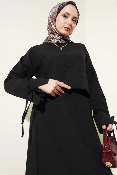 İp Bağlamalı Etekli Keten İkili Takım Siyah - Resim 2