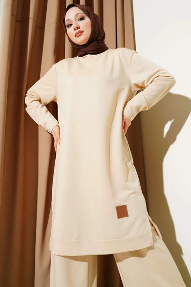 Armalı Bol Paça İkili Takım Kum Bej - Resim 2