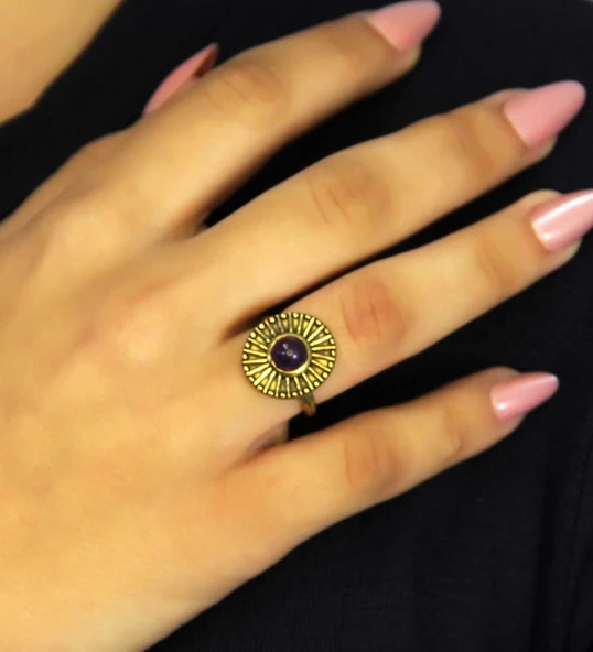 Doğal Taş Ametist Yuvarlak Doğal Taşlı Antik Model Kadın Ayarlanabillir Yüzük euy70amt - Resim 2