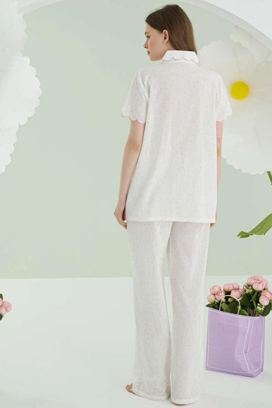 NBB Puantiyeli Keten Pijama Takımı Pembe - Resim 3