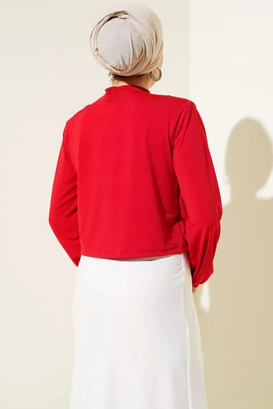 Degaje Yaka Omuz Vatkalı Sandy Bluz Kırmızı - Resim 3