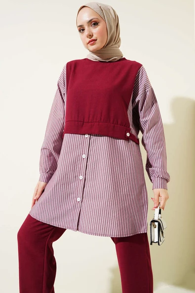 Çizgili Gömlek Garnili Düğmeli İkili Takım Bordo - Resim 2