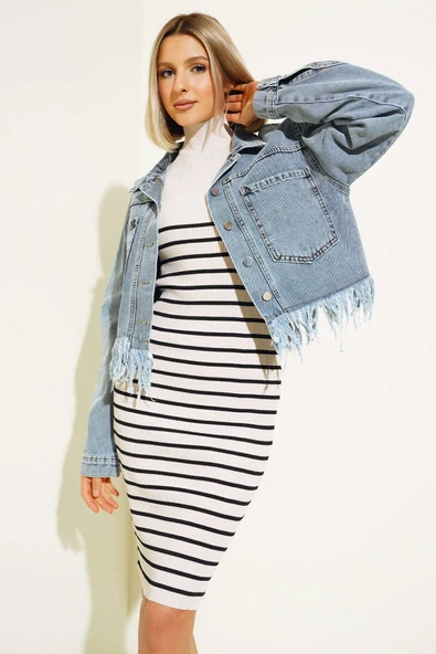 Altı Püsküllü Kısa Kot Ceket Mavi - Resim 2