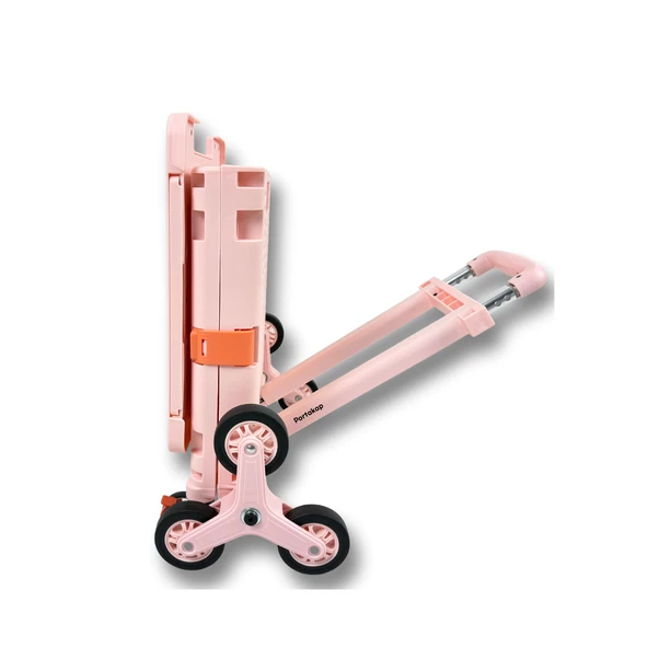 Piknik Masalı, 8 Tekerlekli, 55 Litre Pembe Katlanır Alışveriş Arabası - Merdiven Çıkan