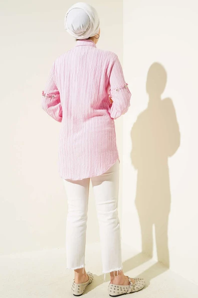 Kol Taşlı Ağaç Kabuğu Gömlek Pembe - Resim 3