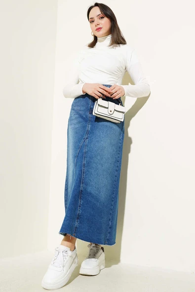 Parçalı Kot Etek Mavi - Resim 2