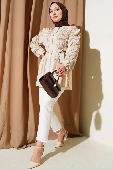 Büzgülü Fermuarlı Kuşaklı Ceket Bej - Resim 2