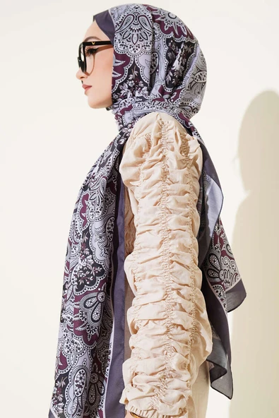 Çiçekli Motifli Soft Şal Füme - Resim 3