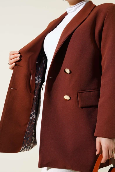 Astarı Leoparlı Kruvaze Ceket Kahve - Resim 4