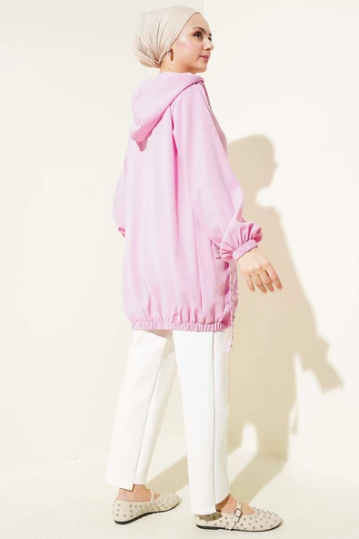 Kapüşonlu Cep Taşlı Kap Pembe - Resim 3