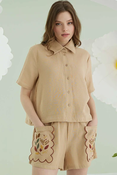 NBB Cep Nakışlı Şortlu Müslin Pijama Takımı Bej - Resim 2