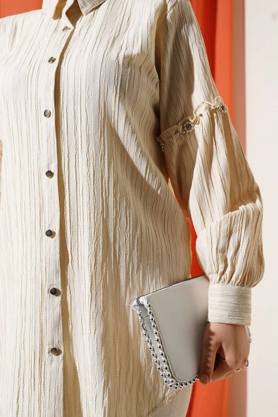 Kol Taşlı Ağaç Kabuğu Gömlek Bej - Resim 4