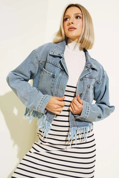 Altı Püsküllü Kısa Kot Ceket Mavi ürün görseli 1