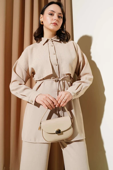 Pelerin Taşlı İp Kuşaklı İkili Takım Bej - Resim 2