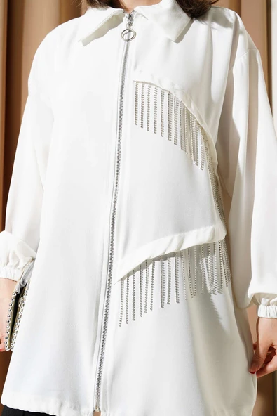 Püskül Taşlı Fermuarlı Kap Ekru - Resim 4