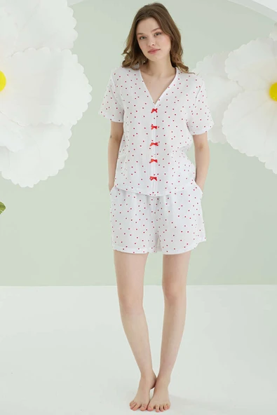 NBB Kalpli Fiyonklu Şortlu Müslin Pijama Takım Ekru - Resim 2