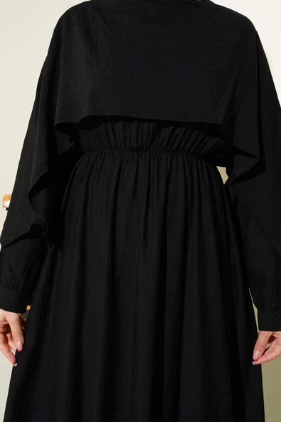 Omuz Pelerinli Bel Lastikli Elbise Siyah - 4