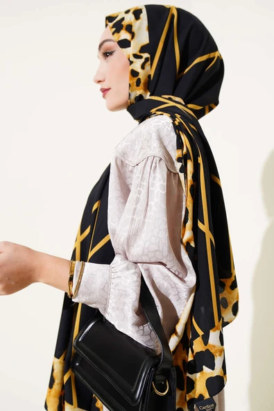 Leopar Şeritli Çizgili Medine Şal Siyah Hardal - Resim 3